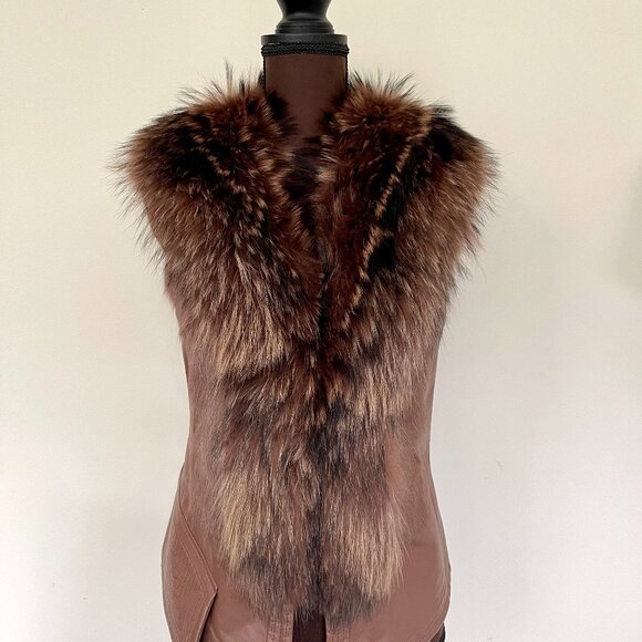 NWOT Tan Brown Leather Vest Real Fox Fur XS size - Picture 2 of 16